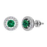 May Birthstone Natural Emerald Halo Stud Diamond Earrings 14K Gold - White Gold