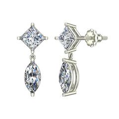 Princess & Marquise Two stone Diamond Dangle Earring White Gold