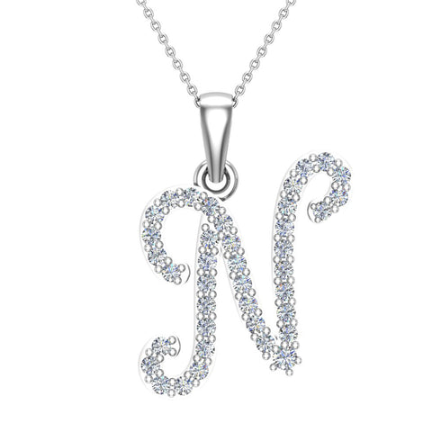 Initial Pendant N Letter Charms Diamond Necklace 14K Gold-G,I1 18 Chain / White Gold