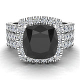 14K Gold Wedding Ring Set Cushion Black Diamond Halo Ring 3.85 ct-I,I1 - White Gold