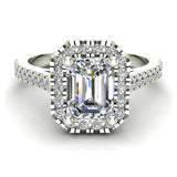 Emerald-Cut Solitaire Diamond Cornered Halo Wedding Ring 14K Gold-I,I1 - White Gold