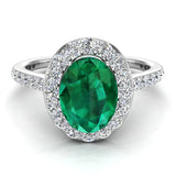 Emerald & Diamond Halo Ring 14K Gold May Birthstone - White Gold