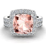 Morganite Cushion Halo Diamond wedding ring for women 14K Gold 3.28 ct-I,I1 - White Gold