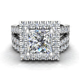 2.60 Ct Moissanite Asscher Cut Wedding Ring Set Halo Diamond Split Shank 14K Gold I1 - White Gold