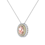 Oval Cut Pink Morganite Double Halo 2 tone necklace 14K Gold (G,I1) - Yellow Gold