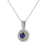 Round Cut Blue Sapphire Double Halo 2-tone Necklace 14K Gold-I,I1 - Yellow Gold