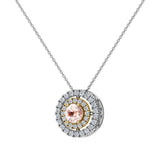 Round Cut Pink Morganite Double Halo 2 tone necklace 14K Gold-I,I1 - Yellow Gold