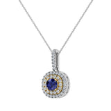 Round Cut Blue Sapphire Cushion Double Halo 2 tone necklace 14K Gold-G,SI - Yellow Gold