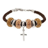 Stainless Steel Leather Bracelet with Cross and Crystal Beads