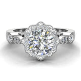 GIA Round halo diamond engagement rings floral milgrain 18K 1 ctw G SI - White Gold