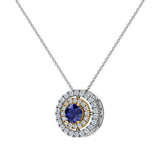 Round Cut Blue Sapphire Double Halo 2 tone necklace 14K Gold-I,I1 - Yellow Gold