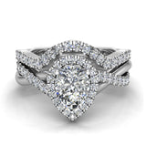 1.60 Ct Moissanite Pear cut Criss Cross Diamond Halo Wedding Ring Set 14K Gold-I,I1 - White Gold