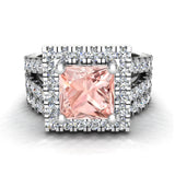Pink Morganite Asscher Cut Wedding Ring Set Halo Style 14K Gold-I,I1 - White Gold