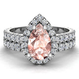 Pear Cut Pink Morganite Halo Wedding Ring Set 14K Gold-I,I1 - White Gold