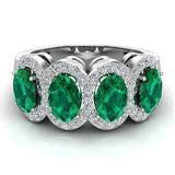Oval Emerald & Diamond Band Ring 14K Gold - White Gold