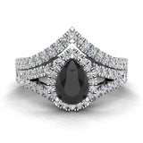 1.70 Ct Pear Cut Black Diamond Halo Diamond Wedding Ring Set 14K Gold-I,I1 - White Gold