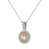 Round Cut Pink Morganite Double Halo 2 tone necklace 14K Gold-G,I1 - Yellow Gold