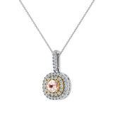 Round Cut Morganite Cushion Double Halo 2 tone necklace 14K Gold-G,I1 - Yellow Gold