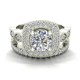 Crescent Wave Shank Round Diamond Cushion Halo Wedding Ring w Band 1.46 ctw 14K Gold (I,I1) - White Gold