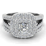 14k Gold Cushion Shape Wedding Rings Set Double Halo Style 1.10 ctw-H,SI - White Gold
