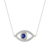 0.94 Ct Evil Eye Diamond & Sapphires Pendant 14K Gold Necklace - White Gold
