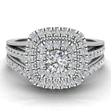 Vintage Look Round Cushion Halos Milgrain Y Shank Diamond Wedding Ring Set 0.80 ctw 14K Gold (I,I1) - White Gold