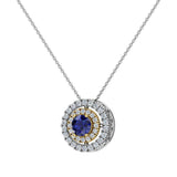 Round Cut Blue Sapphire Double Halo 2 tone necklace 14K Gold-G,I1 - Yellow Gold