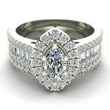 Statement Band Marquise Cut Halo Diamond Engagement Ring Baguettes 1.43 Carat Total 18K Gold (G,SI) - White Gold