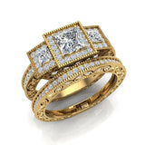 Princess Cut Vintage Engagement Ring with Wedding Band 14K Gold-I,I1 - Yellow Gold