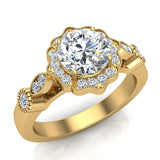GIA Round halo diamond engagement rings floral milgrain 18K 1 ctw G SI - Yellow Gold