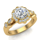 GIA Round halo diamond engagement rings floral milgrain 14K 1 ctw I I1 - Yellow Gold
