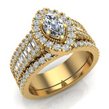 Statement Band Marquise Cut Halo Diamond Engagement Ring Baguettes 1.43 Carat Total 14K Gold (G,I1) - Yellow Gold