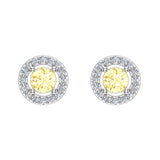 14K Gold Citrine Diamond Earrings November Birthstone Halo Stud - White Gold