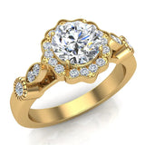 GIA Round halo diamond engagement rings floral milgrain 14K 1.25 ctw F VS - Yellow Gold