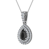 Pear Cut Black Diamond Double Halo Diamond Necklace 14K Gold-I,I1 - White Gold