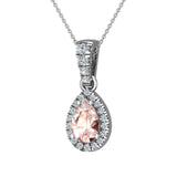 Pear Cut Pink Morganite Halo Diamond Necklace 14K Gold (I,I1) - White Gold