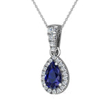 Pear Cut Sapphire Halo Diamond Necklace 14K Gold (G,I1) - White Gold