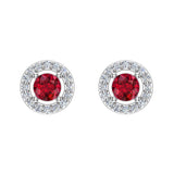 July Birthstone Natural Ruby Halo Stud Diamond Earrings 14K Gold - White Gold