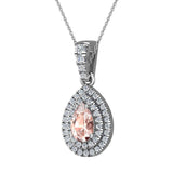 Pear Cut Pink Morganite Double Halo Diamond Necklace 14K Gold (I,I1) - White Gold
