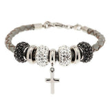 Stainless Steel Leather Bracelet with Cross and Crystal Beads