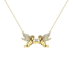 14K Yellow Gold Necklace Twin Angels & Wings Diamond Charm Pendant