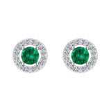 May Birthstone Natural Emerald Halo Stud Diamond Earrings 14K Gold - White Gold