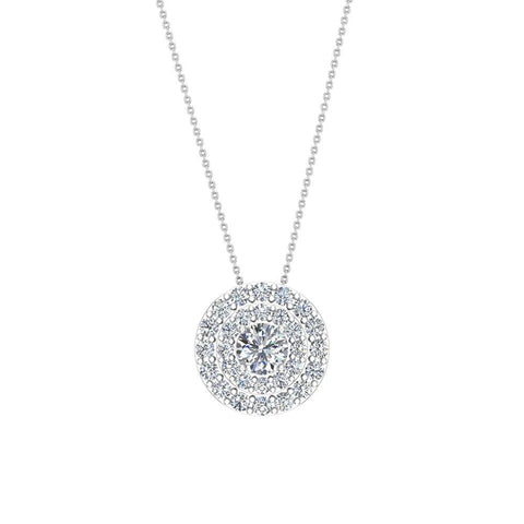 Round Double Halo Diamond Necklace 14K Gold (G,SI) - White Gold