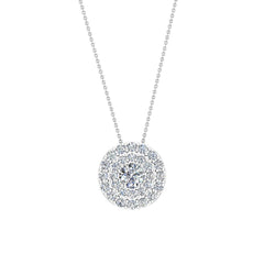 Round Double Halo Diamond Necklace 14K White Gold