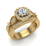 1.50 Ct Vintage Halo Diamond Engagement Ring Set Millgrain Style 14K Gold-I,I1 - Yellow Gold