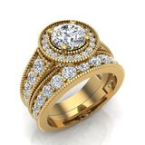 2.24 ct Solitaire Diamond Halo Studded Shank Wedding Set 14K Gold-I,I1 - Yellow Gold