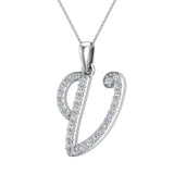 Initial pendant V Letter Charms Diamond Necklace 14K Gold-G,I1 - White Gold