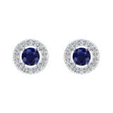 September Birthstone Blue Sapphire Halo Stud Diamond Earring 14K Gold - White Gold