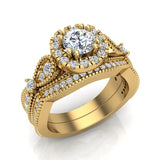 1.50 Ct Vintage Halo Diamond Engagement Ring Set Millgrain Style 14K Gold-G,SI - Yellow Gold