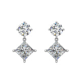 Round & Princess Drop Two stone Diamond Dangle Earrings 14K Gold-I,I1 - White Gold
